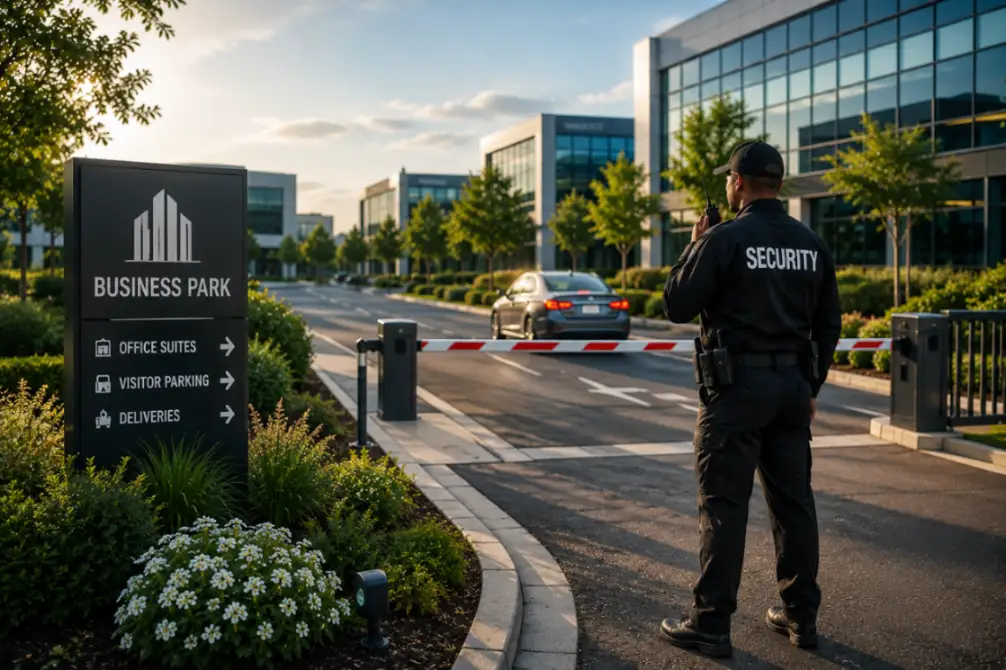 Business park security guard monitoring a gated corporate entrance.