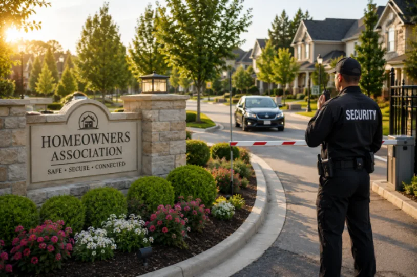 Security guard protecting a homeowners association community at a gated residential entrance.