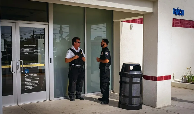 Two Safeguard On Demand security officers on post at a building entrance