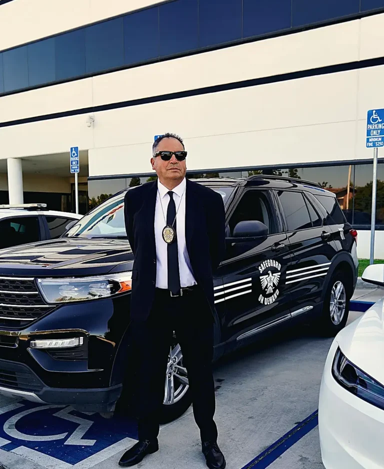 Safeguard On Demand executive protection agent in a suit beside a vehicle