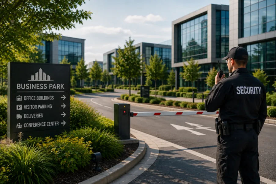 Business park security guard monitoring a gated corporate entrance.
