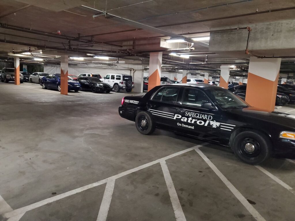 Safeguard On Demand patrol car conducting a parking garage security patrol