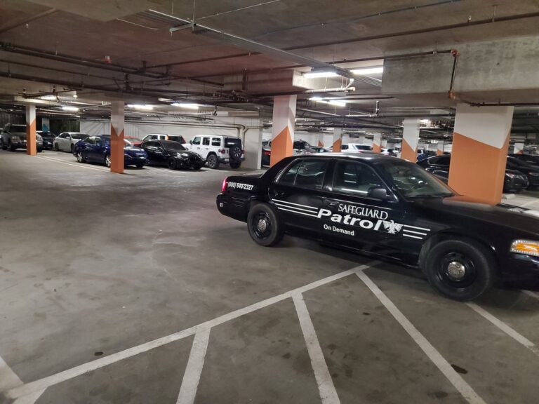 Safeguard On Demand patrol car conducting a parking garage security patrol