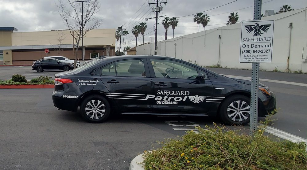 Safeguard On Demand marked patrol vehicle on duty at a California retail center