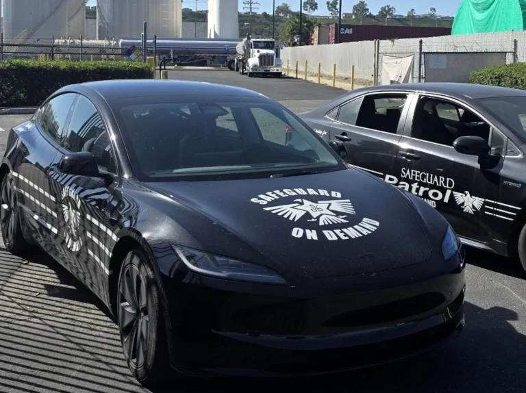 Safeguard On Demand marked patrol vehicles on site at an industrial terminal in California