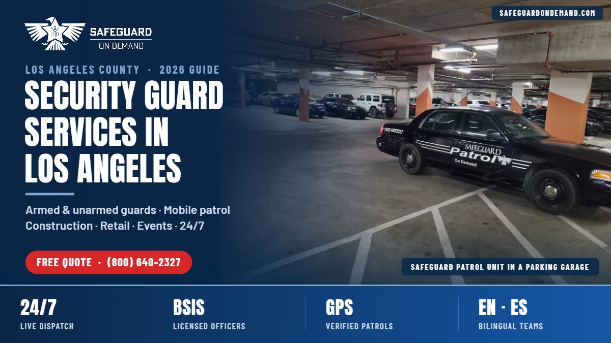 Security guard services in Los Angeles 2026 guide by Safeguard On Demand, showing a marked Safeguard patrol car inside a Los Angeles parking garage