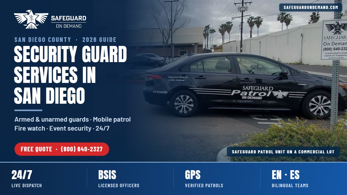 Security guard services in San Diego 2026 guide by Safeguard On Demand, showing a marked Safeguard patrol car on a San Diego commercial lot