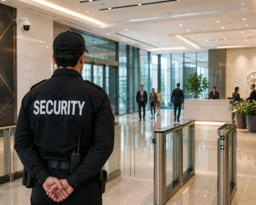 Professional security guard monitoring a modern corporate office lobby with access control turnstiles, CCTV surveillance, reception area, and secure building entrance.