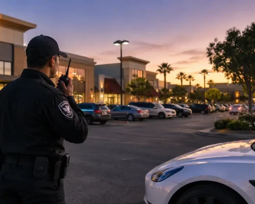 Professional security guard monitoring a busy shopping center parking lot at sunset, providing commercial property security and customer safety.