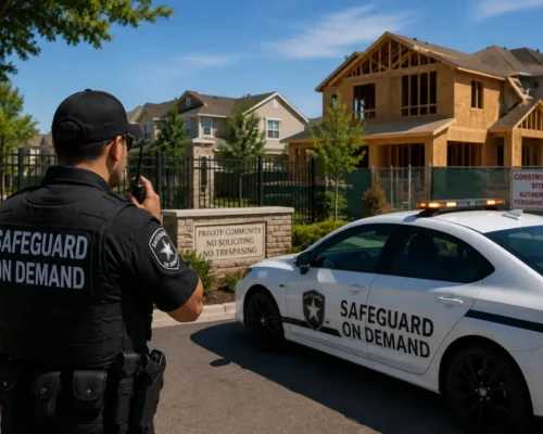 Security guard monitoring a gated residential community and construction site beside a marked security patrol vehicle in Elk Grove, California.