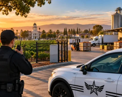 Professional security guard monitoring a Hanford agricultural and industrial facility with a Safeguard On Demand patrol vehicle, crop fields, produce warehouses, loading areas, and Kings County surroundings.
