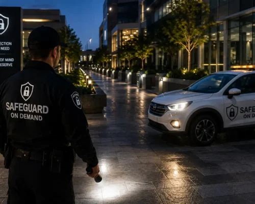 Professional security guard conducting a nighttime patrol of a commercial property with a Safeguard On Demand security vehicle, illuminated pathways, and modern office buildings.