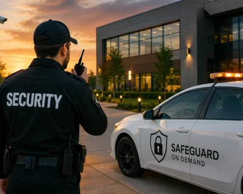 Professional security guard monitoring a commercial property with a Safeguard On Demand patrol vehicle, CCTV camera, and illuminated office building at sunset.