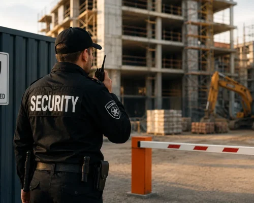 Security guard monitoring a construction site entrance with a security checkpoint, heavy equipment, and site protection measures.