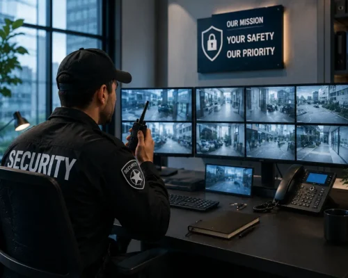 Professional security guard monitoring multiple CCTV cameras in a security operations center for real-time surveillance and property protection.
