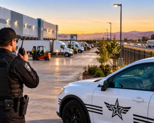 Professional security guard monitoring a Manteca warehouse and logistics facility at sunset with a Safeguard On Demand patrol vehicle, loading docks, freight trucks, and secure industrial grounds.