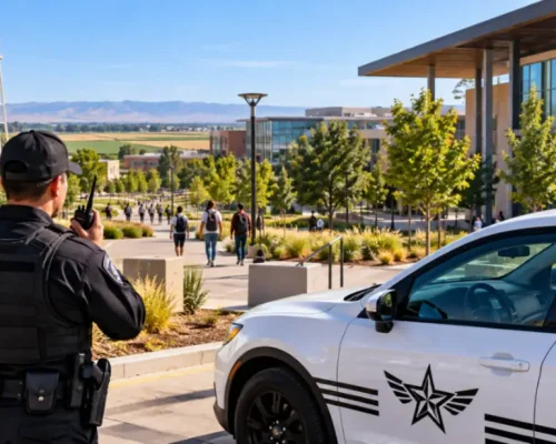 Professional security guard monitoring a Merced university campus with a Safeguard On Demand patrol vehicle, student housing, landscaped walkways, and surrounding agricultural areas.