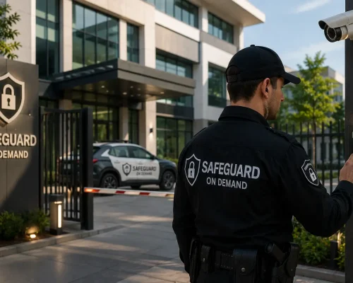 Professional security guard monitoring a gated commercial property entrance with CCTV surveillance, keypad access control, security vehicle, and barrier gate.