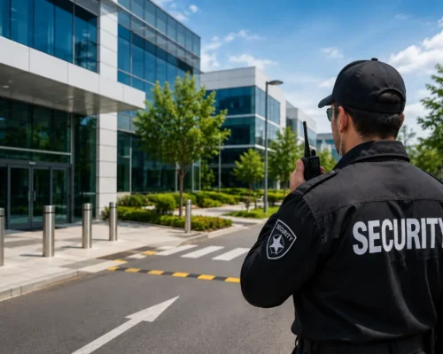 Professional security guard monitoring a modern business park entrance with access control, landscaped grounds, and commercial office buildings.