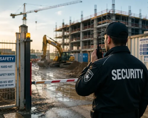 Professional security guard monitoring a construction site entrance with access control, security barrier, surveillance, heavy equipment, and site safety measures.