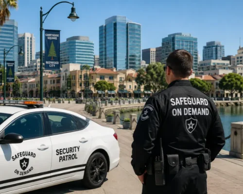 Security guard standing beside a marked patrol car on a waterfront promenade in downtown Redwood City, with modern office buildings and Courthouse Square visible in the background.