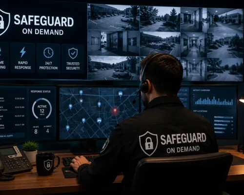 Professional security operator monitoring real-time CCTV surveillance, security alerts, response units, and live security systems in a modern security operations center.