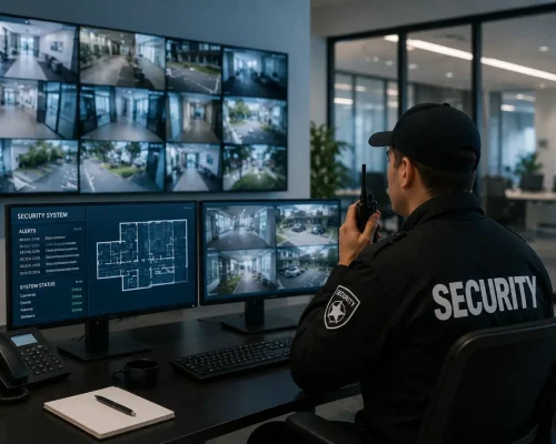 Security guard monitoring multiple CCTV cameras and security systems in a professional security operations center for real-time surveillance.