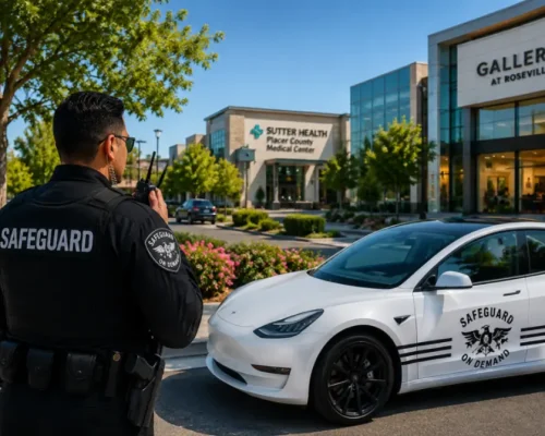 Security guard providing patrol services near Roseville Galleria and Sutter Health medical center in Roseville, California