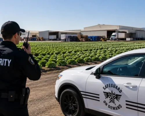 Professional security guard monitoring a Salinas agricultural and produce facility with a Safeguard On Demand patrol vehicle, crop fields, warehouses, loading areas, and secure property access.