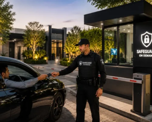 Professional security guard checking a driver's access card at a gated property entrance with a security booth, barrier gate, and access control system.
