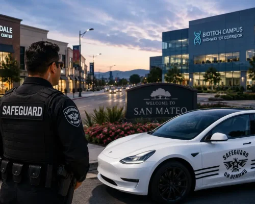 Security guard providing professional security services in San Mateo near Hillsdale Shopping Center and the biotech corridor with a Safeguard patrol vehicle
