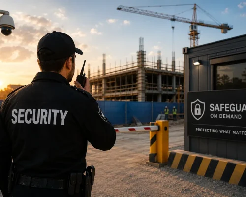 Professional security guard monitoring a construction site with CCTV surveillance, controlled access barriers, heavy equipment, and on-site security protection.