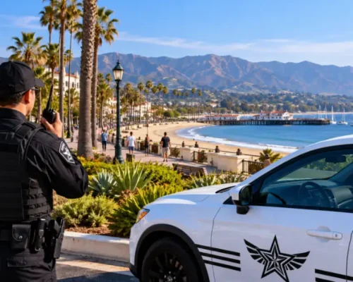 Professional security guard monitoring Santa Barbara’s waterfront district with a Safeguard On Demand patrol vehicle, palm-lined promenade, beach, pier, and surrounding coastal mountains.