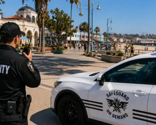 Professional security guard monitoring the Santa Cruz Boardwalk area with a Safeguard On Demand patrol vehicle, waterfront promenade, pedestrians, retail shops, and public spaces.