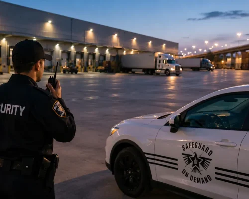 Professional security guard monitoring a Tracy warehouse and logistics facility at dusk with a Safeguard On Demand patrol vehicle, loading docks, freight trucks, and secure industrial grounds.