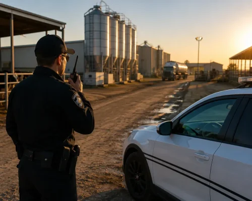 Professional security guard monitoring a Turlock agricultural and industrial facility with a patrol vehicle, livestock area, grain silos, farm buildings, and controlled property access.