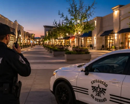 Professional security guard monitoring a Vacaville premium outlet mall with a Safeguard On Demand patrol vehicle, illuminated storefronts, landscaped walkways, and secure retail property.