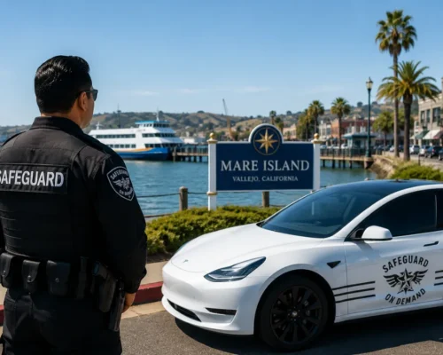 Security guard providing security services near Mare Island waterfront in Vallejo with a patrol vehicle and marina in the background