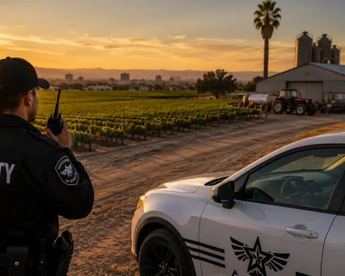 Professional security guard monitoring a Visalia agricultural property with a Safeguard On Demand patrol vehicle, crop fields, farm buildings, silos, and rural surroundings.