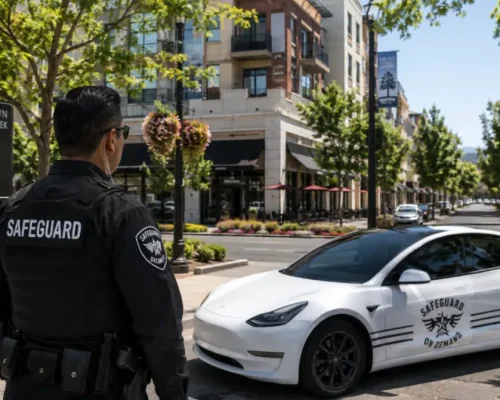 Security guard providing professional security services in downtown Walnut Creek with a security patrol vehicle