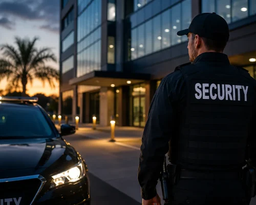 Professional security guard monitoring a modern commercial building with a security patrol vehicle at dusk, providing on-site security protection.