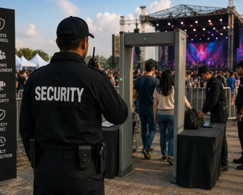 Professional event security guards managing crowd access, security screening, and entry control at a large outdoor festival.