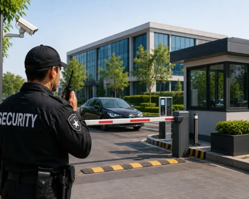 Professional security guard monitoring a modern commercial property entrance with CCTV surveillance, access control barrier, guard booth, and approaching vehicle.