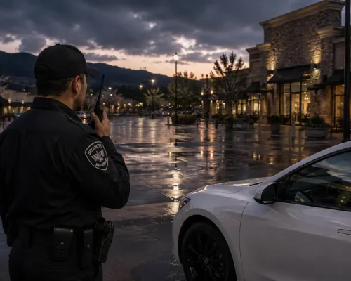 Professional security guard monitoring an Antioch shopping center at dusk with a security patrol vehicle, illuminated storefronts, wet pavement, and mountain surroundings.