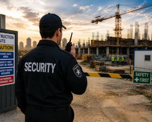 Professional security guard monitoring an outdoor event with crowd control barriers, surveillance camera, concert stage, and controlled guest access.