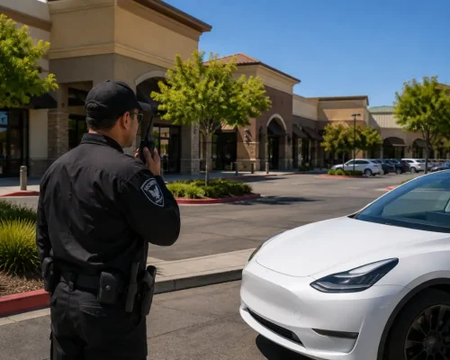 Professional security guard monitoring a Clovis shopping center parking lot with radio communication, commercial storefronts, landscaped grounds, and secure property surroundings.