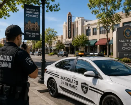 Security guard providing mobile patrol security beside a marked patrol vehicle in downtown Concord, California, near Todos Santos Plaza.