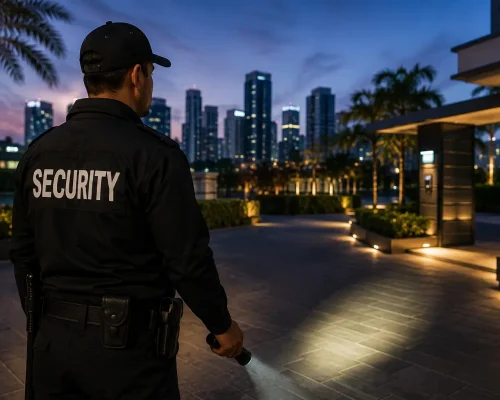 Professional security guard conducting a nighttime patrol of a modern commercial property with a flashlight, landscaped entrance, and city skyline.