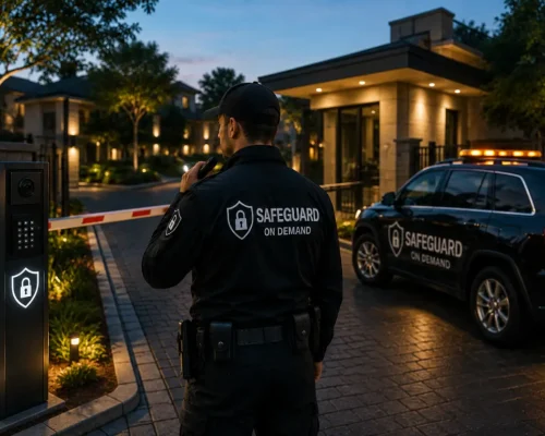 Security professional monitoring real-time security alerts, live location maps, and surveillance systems on a digital tablet inside a high-tech security operations center.
