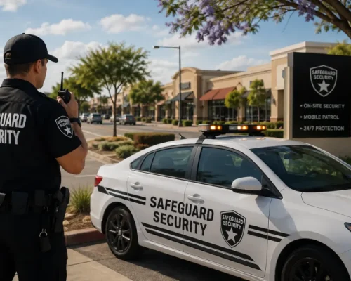 Security guard monitoring a shopping center beside a marked security patrol vehicle in Eureka, California.